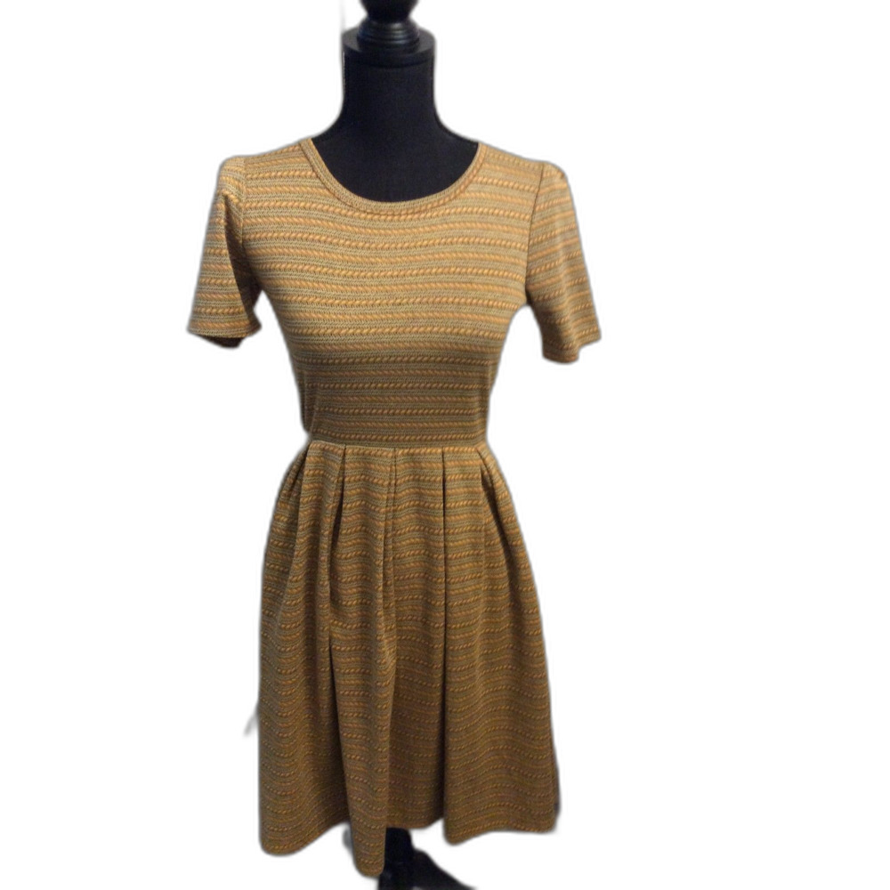 New NWT LuLaRoe Amelia Small S Dress Gold Yellow Brown Patterns
